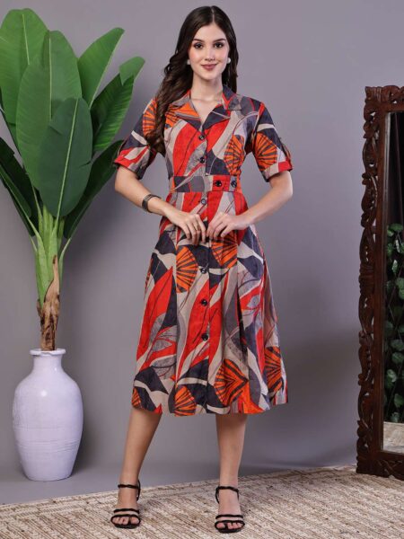 Women's Leaf Print Button-Down Cotton Midi Dress